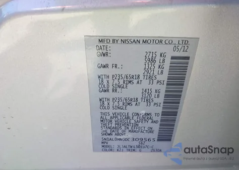 2013 Infiniti Jx35 z USA, uszkodzony, nr VIN 5N1AL0MN0DC309565